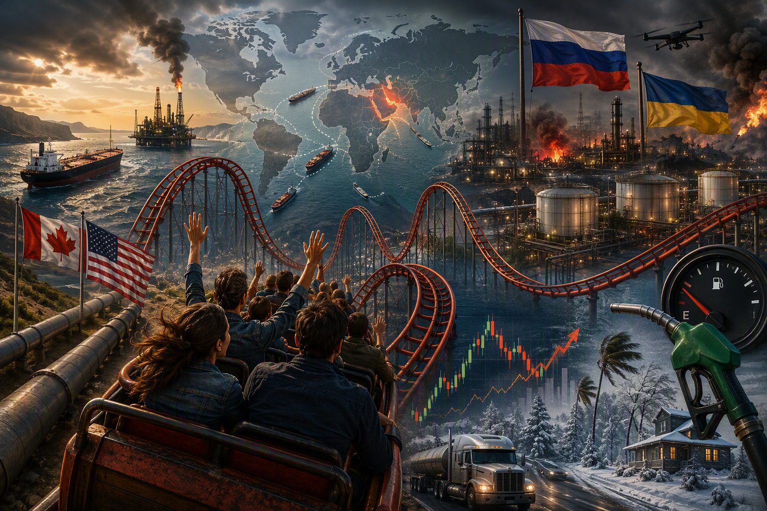 Roller coaster riders overlooking global oil supply routes, refineries and a fuel gauge, illustrating volatile transportation energy markets in August 2026